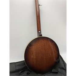 American/Korean Fender mahogany five-string banjo with mother-of-pearl inlaid rosewood finger board, serial no.KD03080778, L99cm, in TGI soft carrying case