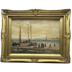 John Hamilton Glass (Scottish 1820-1885): Dutch Fishermen on the Shore, watercolour signed 24cm x 34cm; Manner of Henry Barlow Carter (British 1804-1868): Boats Unloading on the Shore, watercolour unsigned, various labels verso 17cm x 24cm; R Bayles (British 20th century): 'Morning Mists', watercolour signed titled and dated 1947, 14cm x 26cm (3)