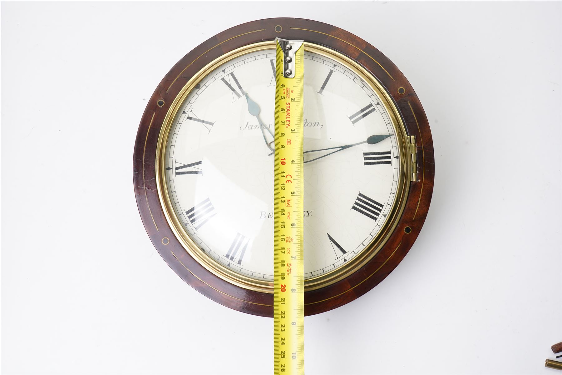 Late Regency drop dial wall clock, the white 19cm dial inscribed 'James Heselton, Beverley' with single fusee eight day movement in brass inlaid mahogany case H38cm 