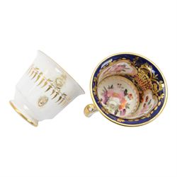 Coalport teawares, circa 1820-1840, comprising set of four trios, coffee cups, teacups and saucers, and slop bowl, decorated in the 830 pattern, with floral sprays and gilt shaped reserves, two further coffee cups and saucers, decorated with floral sprays upon blue grounds/with blue borders, and a similar coffee cup