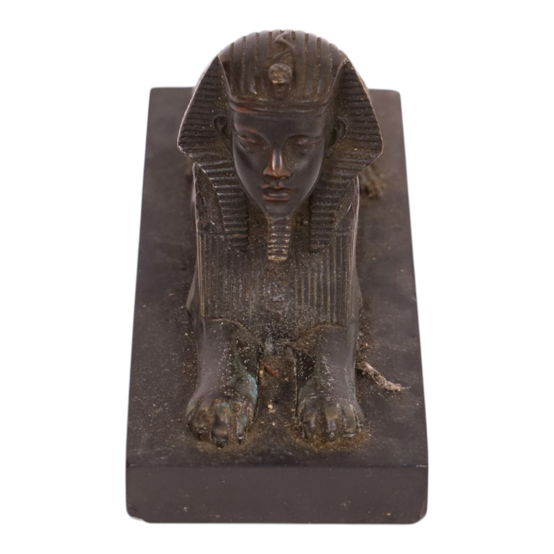 Egyptian Revival style bronzed sphinx sculpture, H11cm, L17cm