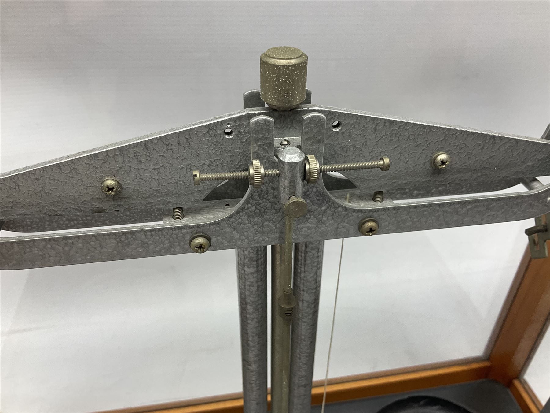 Griffin & George set of laboratory scales in fully glazed hardwood cabinet with rise-and-fall front door L44.5cm H40cm; with beech box of brass weights by Philip Harris & Co Ltd