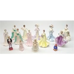 A collection of Coalport figurines, comprising The Flower Ladies Collection Dearest Iris, The Willis Collection Artisan's Choice 2002, two The Park Lane Collection Anniversary Waltz, The Basua Zarzycka Collection My Dearest Emma, High Society Lady Sara, High Society Lady Elizabeth, plus four Second examples, and  Amanda, Page Boy, and Just Arrived. 