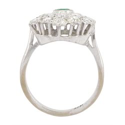 18ct white gold octagonal cut emerald and round brilliant cut diamond cluster ring, stamped, total diamond weight approx 3.30 carat
