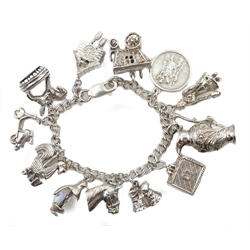 Heavy silver chain charm bracelet, tested or stamped