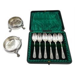 Matched pair of George II silver salts, on three hoof feet by Edward Wood and David Hennell I, both London 1741 and a cased set of six Edwardian silver teaspoons by Levi & Salaman, Birmingham 1903, approx 5.4oz