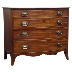  Early 19th century bow front mahogany chest of four graduating drawers, shaped apron with splayed bracket feet, W101cm, H89cm, D57cm  