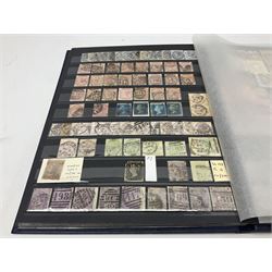Great British stamps, including Queen Victoria penny black with black MX cancel, various perf penny reds and two pence blues, half penny bantams, various four shillings, various two shillings & sixpence, small number of QV stamps on covers etc, housed in a blue stockbook 