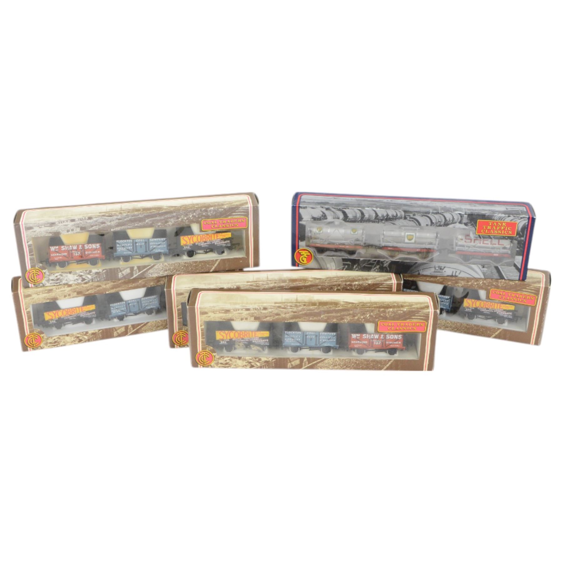 Six Bachmann 00 gauge Coal Traders Classics and Tank Traffic Classics triple wagon packs, comprising five 33033 Coal Traders Classics Yorkshire and one 37665 Tank Traffic Classics 14 Ton Tank Wagons in BP silver, all boxed