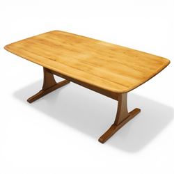 Ercol - mid-20th century golden elm and beech Windsor Range refectory style coffee table, ...