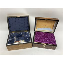 Oak sewing box with geometric inlaid decoration, the hinged lid lifting to reveal compartmented interior with lift out tray together with another mahogany example with mother of pearl and marquetry inlay decoration, both for restoration, largest H15cm W30cm D22cm