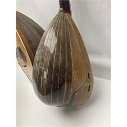 Italian bouzouki type long necked mandolin with segmented lute back and spruce top with tortoiseshell style panels; bears label 'Miroglio & Figli Sicilia Catania Italia' L99cm; and Italian lute back mandolin with segmented back and spruce top bearing label for F. De Mureda Napoli (2)