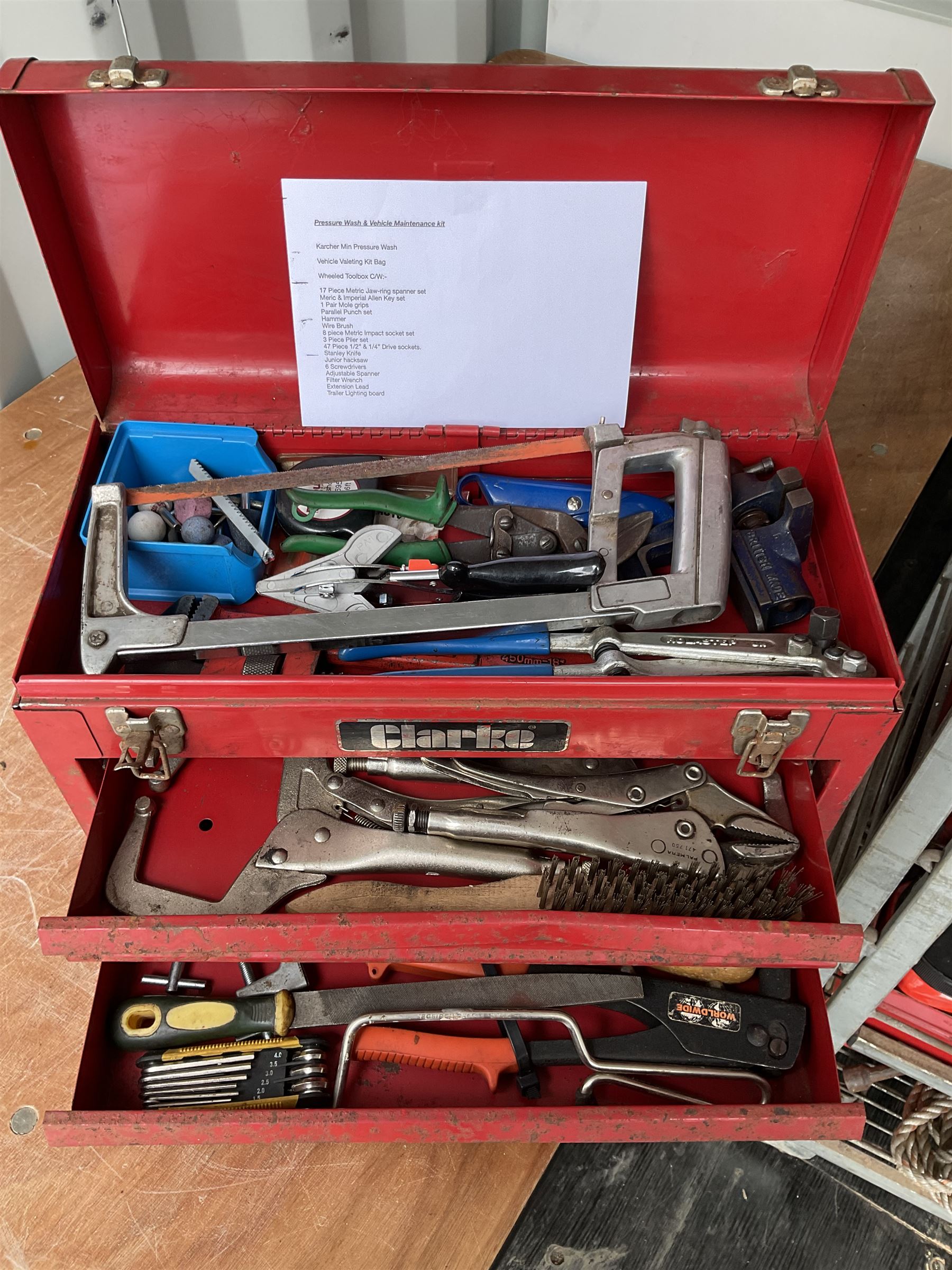Tool workstation with Snap-on three drawer lockable tool box and tools, feeler gauges, wire strippers, screw drivers torque wrenches, and other  - THIS LOT IS TO BE COLLECTED BY APPOINTMENT FROM DUGGLEBY STORAGE, GREAT HILL, EASTFIELD, SCARBOROUGH, YO11 3TX
