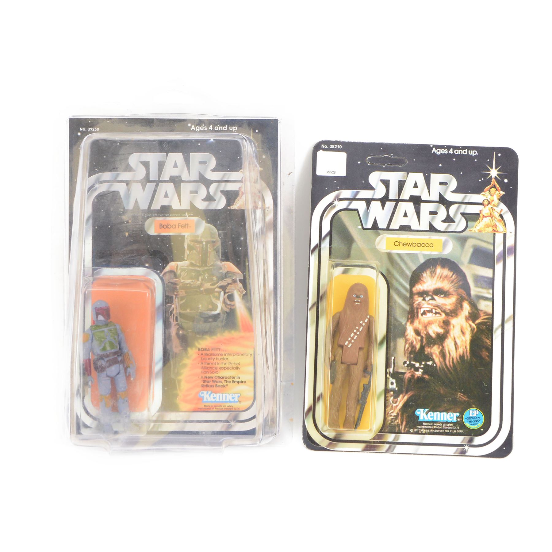 Kenner Star Wars Boba Fett action figure with C.P.G 1979 Hong Kong to back of legs, with a modern printed vintage style Kenner backing card, together with a 3 3/4 inch Chewbacca action figure, recarded on a Kenner backing card