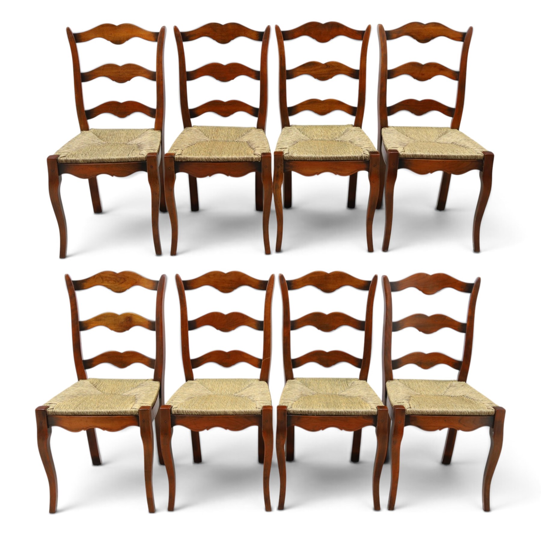 French cherry wood extending dining table, rectangular top on square chamfered supports with two additional leaves; with Batheaston - set of eight cherry wood waived ladder back dining chairs with rush seats (W46cm H98cm)