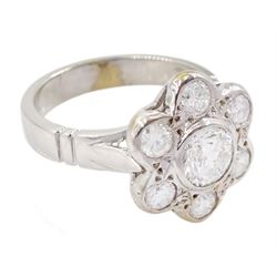 18ct white gold seven stone round brilliant cut diamond daisy flower head cluster ring, hallmarked, principal diamond 0.74 carat, with GIA report, total diamond weight approx 1.40 carat