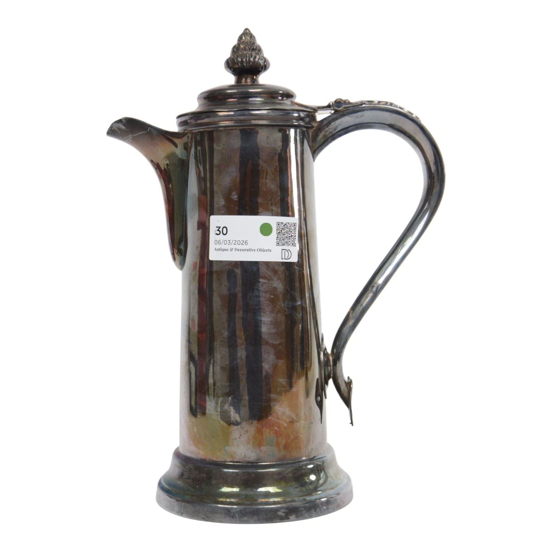 Pair of silver plated three branch candelabra, each with three urn-shaped sconces, with scroll arms, tapering stem upon a circular base, together with silver plated wine flagon