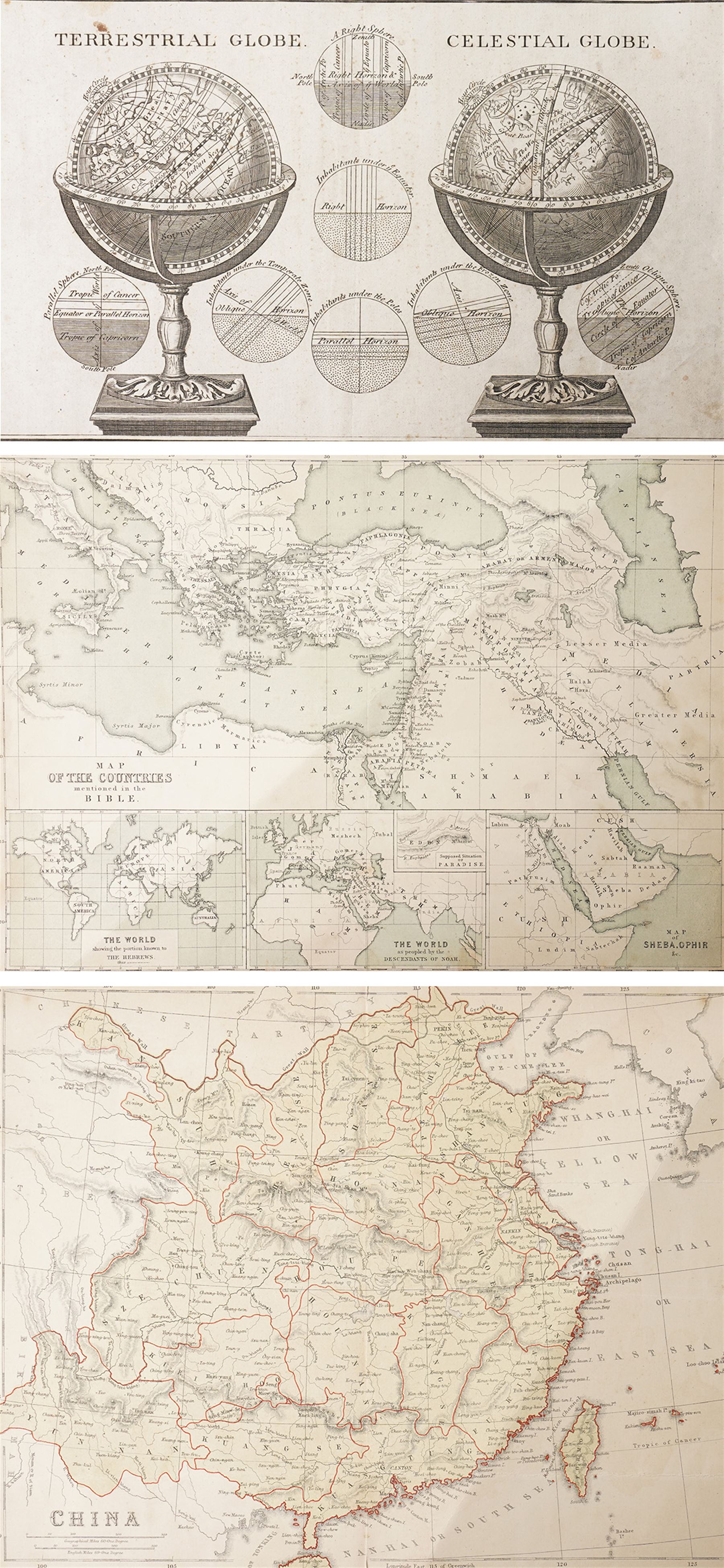 ‘Terrestrial Globe & Celestial Globe’, early 19th-century engraved plate from Bankes’ New System of Geography; together with W. & R. Chambers (British, fl. 19th century): ‘Map of the Countries Mentioned in the Bible’, engraved map with inset world maps pub. London & Edinburgh 1854; and W. & R. Chambers: ‘China’, 19th-century engraved map with hand-colouring (3) (unframed)