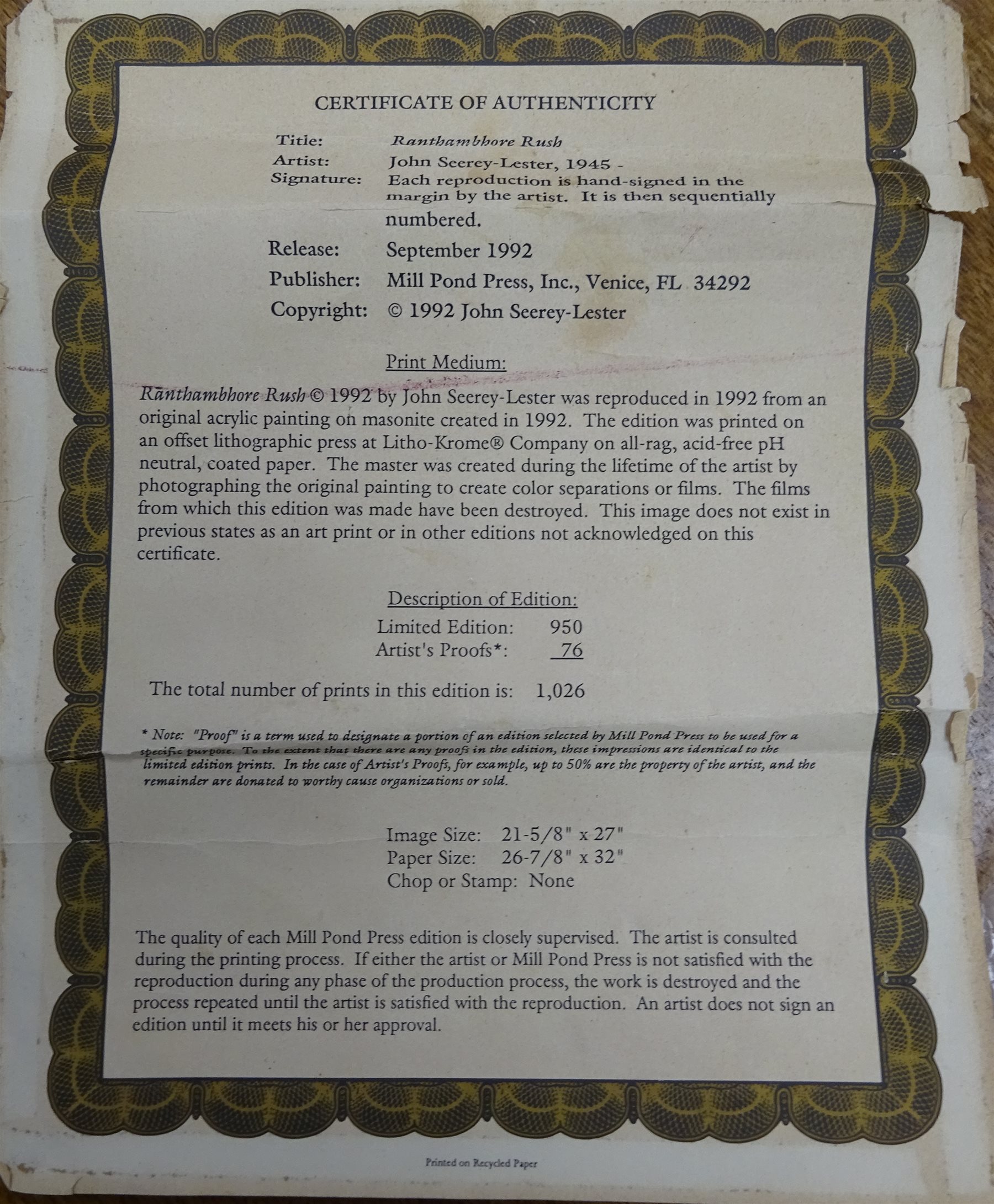 John Seery-Lester (British/American 1946-): 'Ranthambhore Rush', limited edition print No.215/950 pub. 1992 signed and numbered in pencil 58cm x 70cm