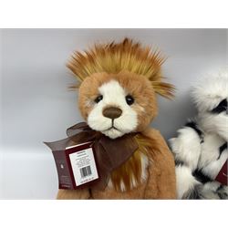 Four Charlie Bears, comprising Geoffrey CB131384, and Hawkins CB202024A, both designed by Isabelle Lee, and Tia CB161507O, and Chequers CB161525O, both designed by Heather Lyell, all with tags 