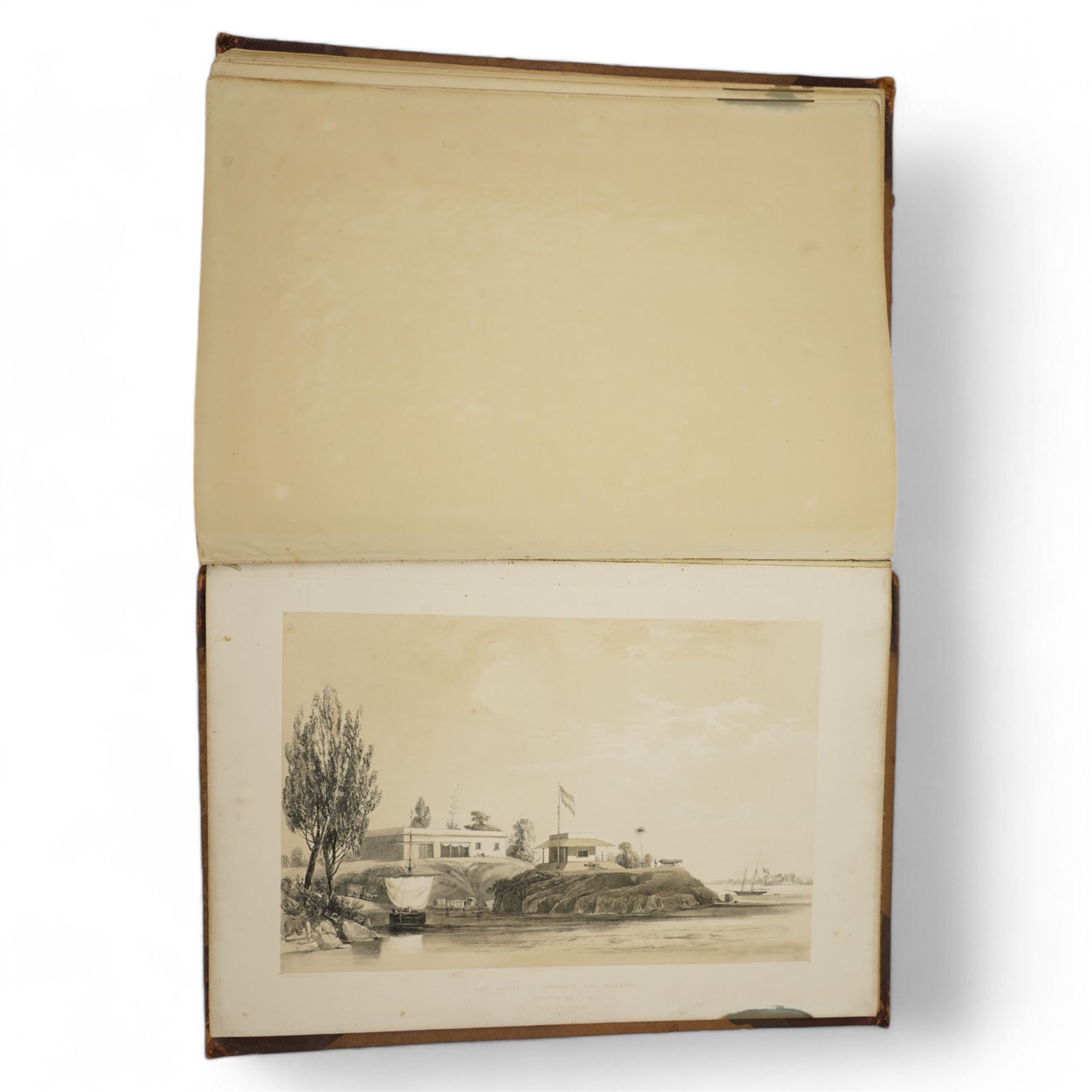 Sir William Gore Ouseley (British 1797-1866): 'Views in South America, from original drawings made in Brazil the River Plate, the Parana, &c', folio containing twenty six (26) tinted lithograph plates with lithographed titled and plan, dedication to Prince Albert with list of plates on verso, pub. London: Thomas McLean 1852, bound in oxblood leather and brown cloth
