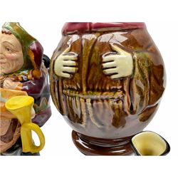 Character and toby jugs, including a staffordshire pottery style toby jug, Olfaire toby jug, Beswick character jug depicting Scrooge, Royal Doulton Veteral Motorist etc, together with Royal Doulton Sweet Dreams figure. 