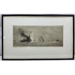 William Lionel Wyllie (British 1851-1931): 'HMS Tiger at Jutland', drypoint etching signed in pencil, titled on the mount 19cm x 44cm 
Notes: this picture depicts the British warships Tiger, Princess Royal, Lion, Warrior, and Defence in action at the Battle of Jutland on 31st May 1916, shortly before the Defence was sunk.