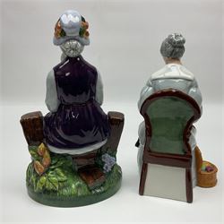 Five Royal Doulton figures, comprising The Balloon Man HN1954, Silks and Ribbons HN2017, Embroidering HN2855, Nanny HN2221 and Rest Awhile HN2728 