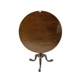 Georgian mahogany tripod table, circular snap top, turned central column, cabriole supports