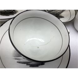 Early 19th century Staffordshire bat printed part tea service, decorated in black after Adam Buck with scenes of mother and child and other varying classical style scenes, within black bands, comprising teapot, slop bowl, jug, seven teacups and five saucers 