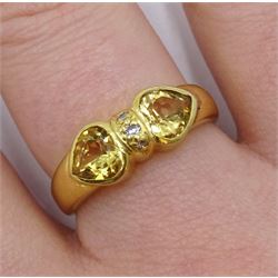 18ct gold citrine and diamond ring, three central diamonds with heart shaped citrines either side, stamped