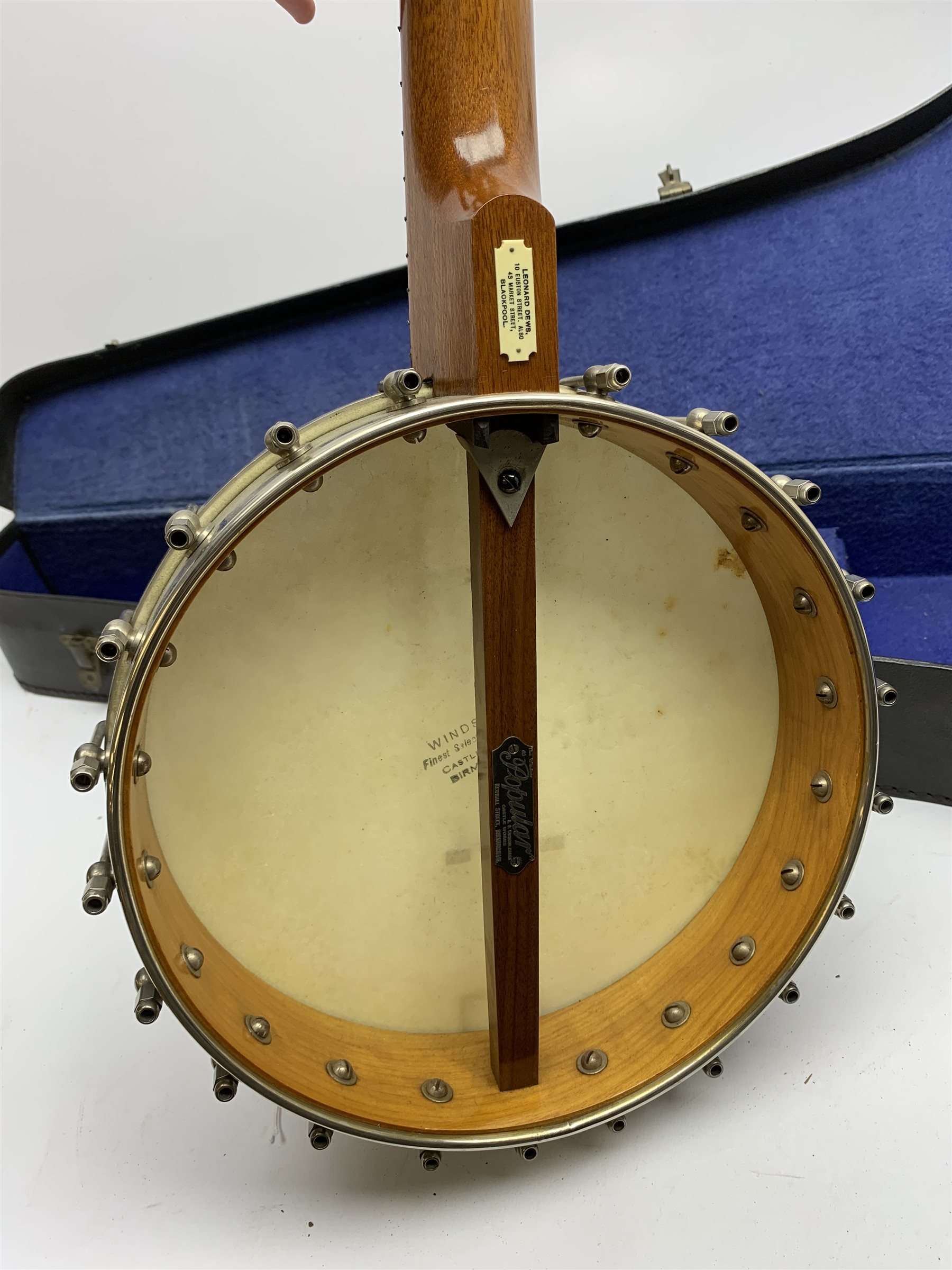  Windsor Popular Model 3 five-string banjo, impressed mark and maker's label and retailer's plaque for 'Leonard Dews 10 Euston Street also 43 Market Street, Blackpool', L89cm, in carrying case  