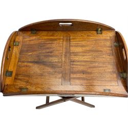 George III mahogany butler's tray on stand, the panelled tray with hinged sides pierced with handles, on folding stand
