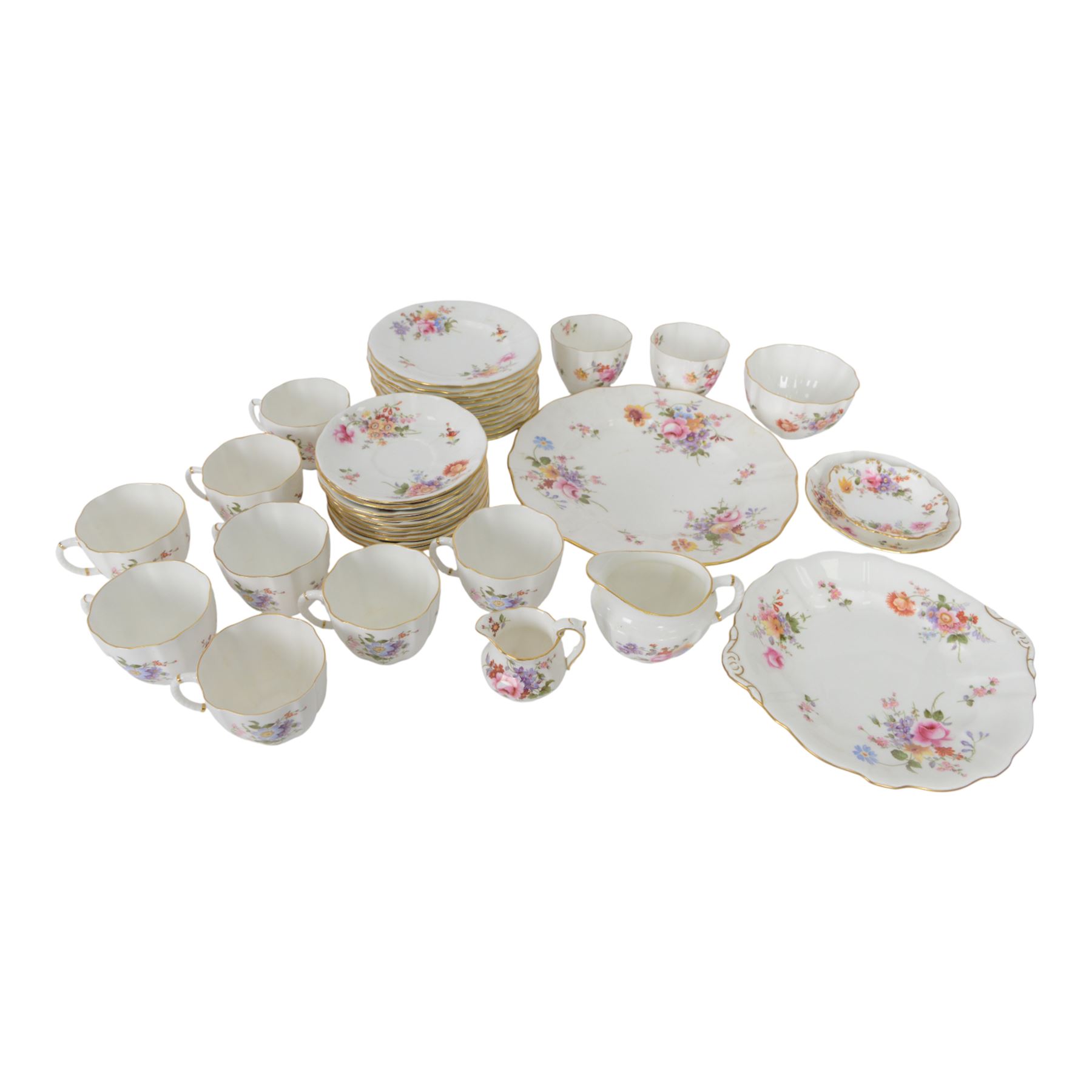 Royal Crown Derby Derby Posies tea service for ten, comprising teacups and saucers, dessert plates, two milk jugs, open sucrier cake plate and sandwich plate 