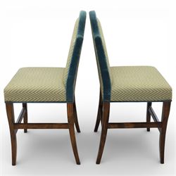 Pair of padded back high seat bar stools, upholstered in cream chevron fabric with green velvet trim 