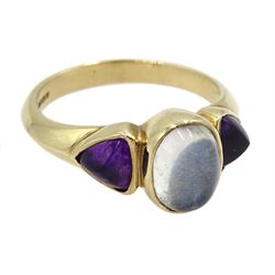 9ct gold oval moonstone and trillion cut amethyst three stone ring, hallmarked