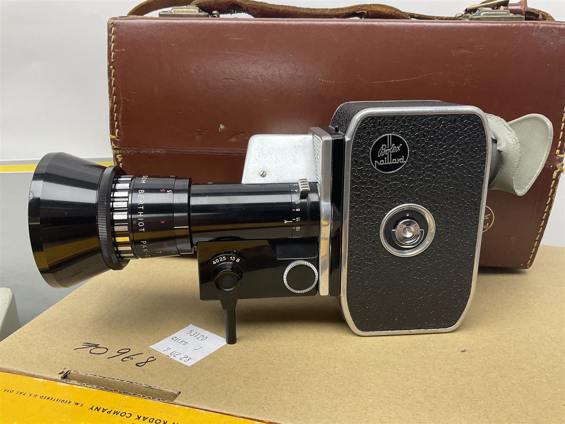 Bolex Paillard P3 Zoom Reflex camera body, serial no 38090, with 'B te S.G.D.G Som Berthiot Pan-Cinor 1:1.9 f=8a 40' lens, serial no. 40251438 in case, Kodak Brownie movie camera, Kodak model 2 Brownie movie camera and a Kodak 8 Movie Projector A-15G and other camera equipment 