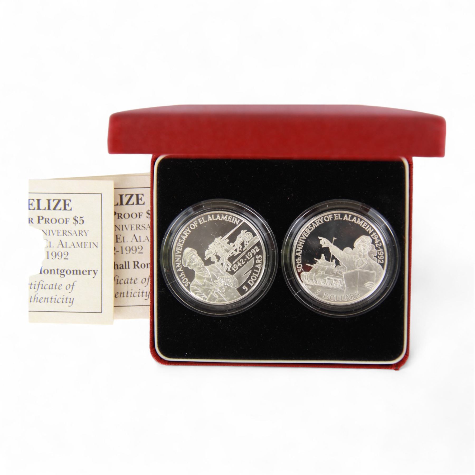 Six Queen Elizabeth II The Royal Mint silver coins or sets, comprising Falkland Islands 1983 '150th Anniversary' fifty pence, Belize 1992 '50th Anniversary Battle of El Alamein 1942-1992' five dollars two coin set, Guernsey 1995 'Queen Elizabeth The Queen Mother 95th Birthday' one pound, Barbados 1997 'Golden Wedding Anniversary' one dollar, Alderney and Guernsey 2001 'Celebrating The Queen's Seventy-Fifth Birthday' one pound two coin set and Alderney and Guernsey 'Celebrating The Queen's Seventy-Fifth Birthday' five pounds two coin set, all cased with certificates