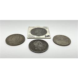King George III 1920 crown, Queen Victoria 1845 and 1890 crown coins and a Queen Victoria 1889 double florin (4)