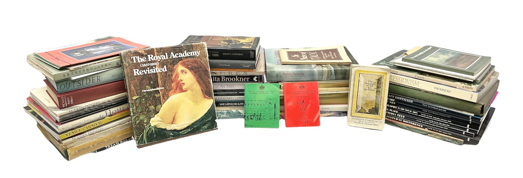 Large collection of fine art and antique reference books, to include Gordon Fleming, The Young Whistler; Sidney C. Hutchison, The History of the Royal Academy, Edward Yardley, The Life and Career of Frank Henry Mason R.B.A., R.I., R.S.M.A. 1975-1965; Brenda Roberts, The Collectors Encyclopaedia of Hull Pottery; Marcel Thomas, The Golden Age Manuscript Painting at the Time of Jean, Duc de Berry; Lindsay Errington, Tribute to Wilkie, etc. 