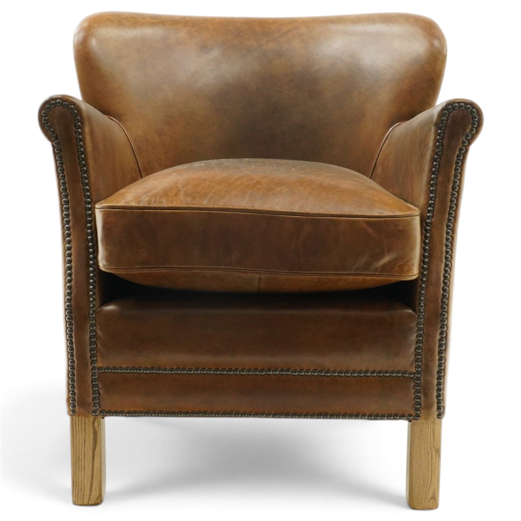 Halo - traditional tub design 'Cosy' club armchair, rolled arms with studwork terminals, upholstered in deep tan leather with loose seat cushion, on square supports