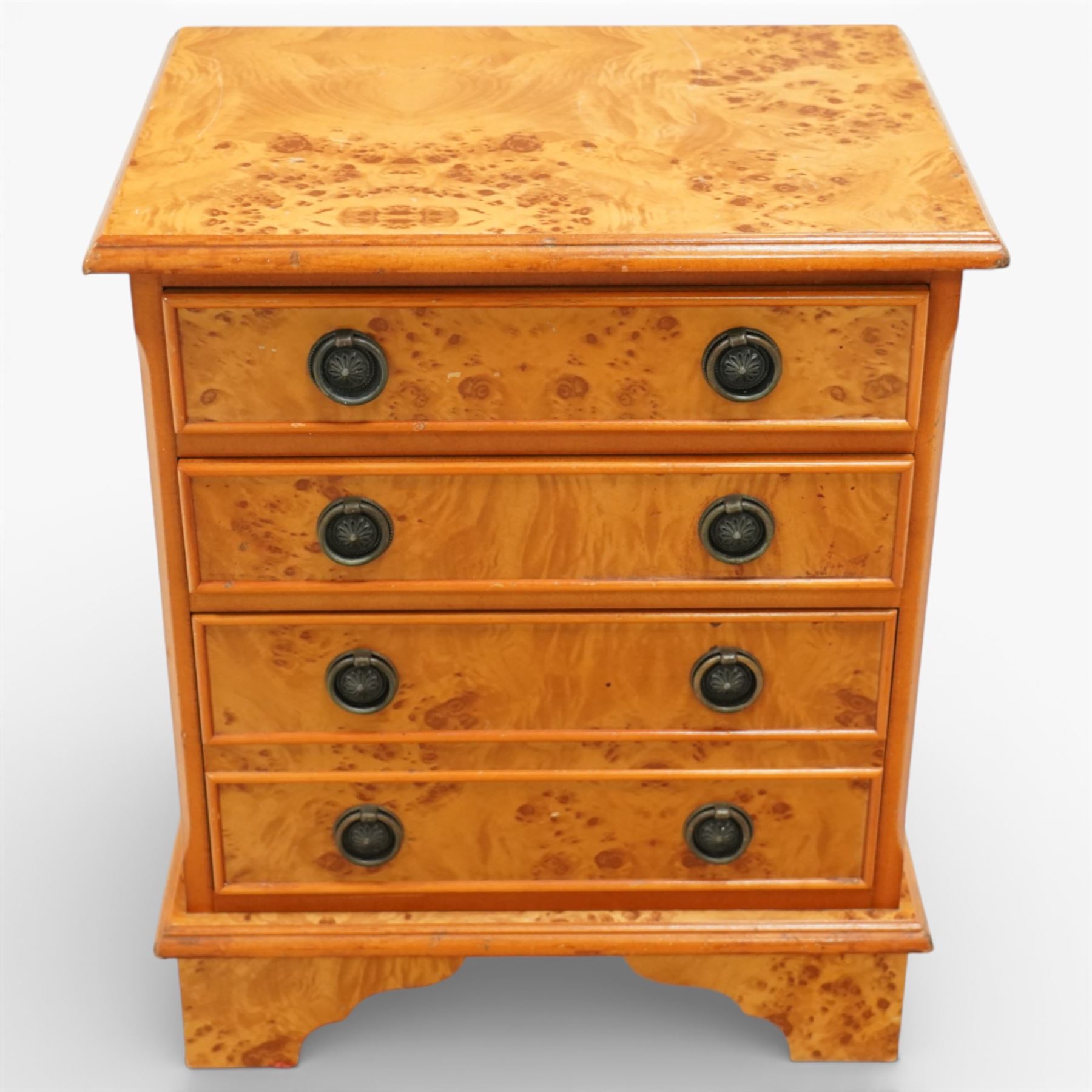 20th century burr walnut reproduction chest, rectangular moulded top over three long drawers, each fitted with circular ring handles, plain sides, raised on shaped bracket feet
