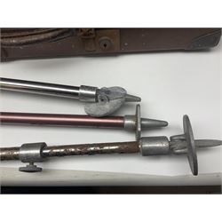 Three shooting sticks, together with four vintage leather brown suitcases of various sizes, largest suitcase H40cm L65cm 