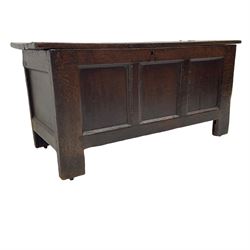 18th century oak blanket chest, hinged top over triple panelled front