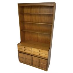 Nathan - teak wall unit, raised shelves over four drawers and double cupboard