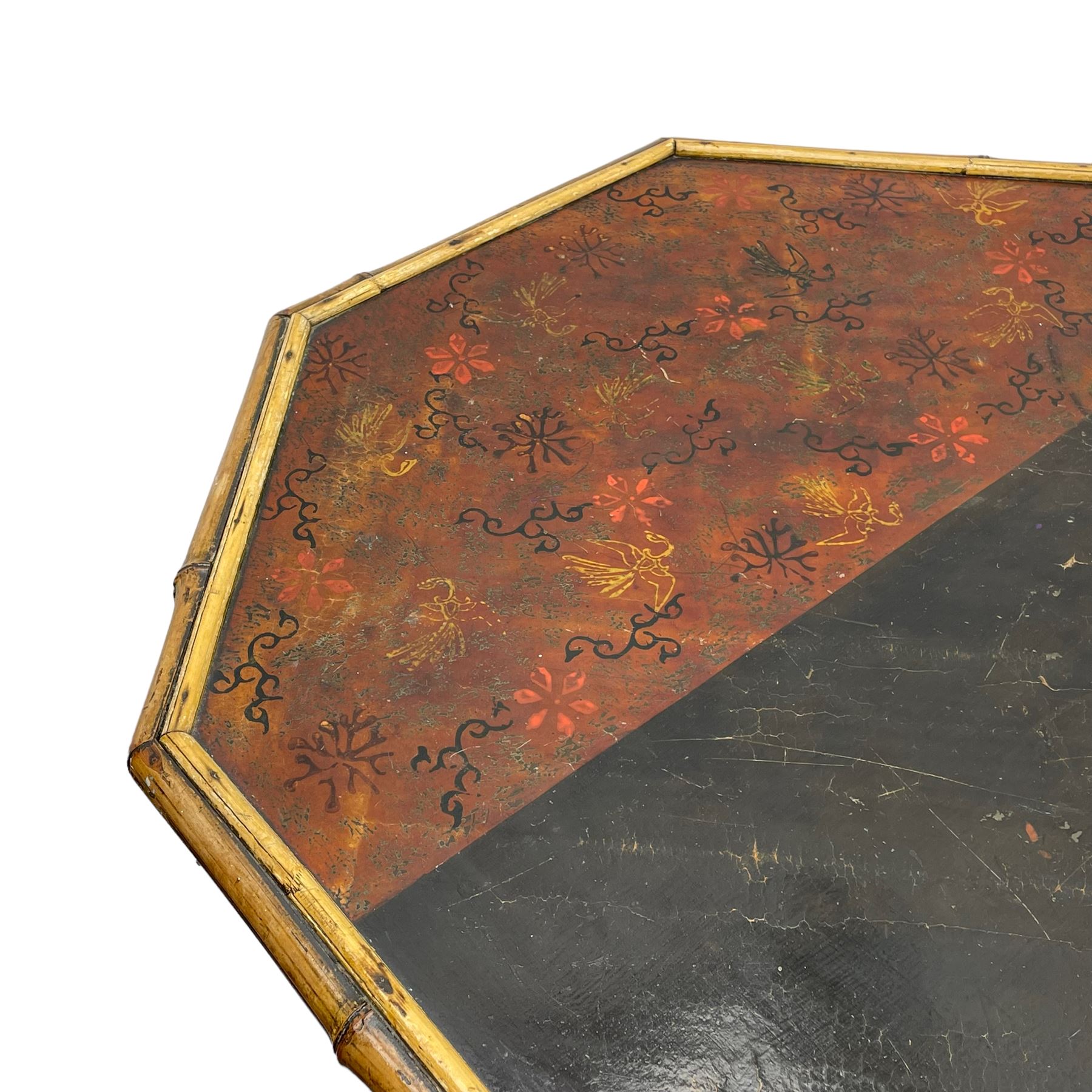 W.F. Needham - Victorian bamboo occasional table, octagonal lacquered top, the bamboo joined by metal brackets, brass cups stamped 'W.F Needham'