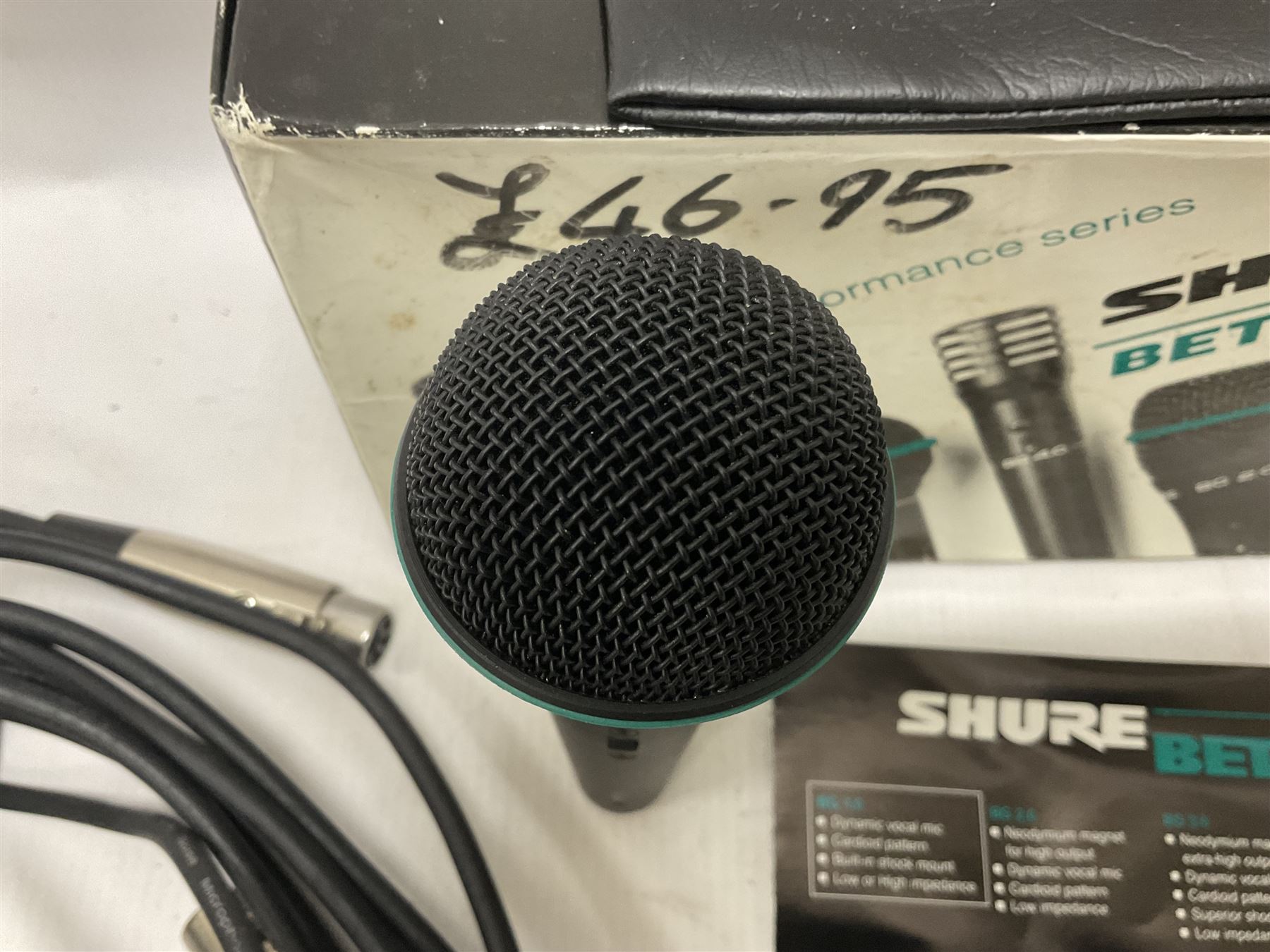 Vintage pair Akai ADM-8 Dynamic microphones; AKG D880 Dynamic microphone; cased; and Shure Betagreen BG1.0 vocal microphone; boxed; all with cables (4)