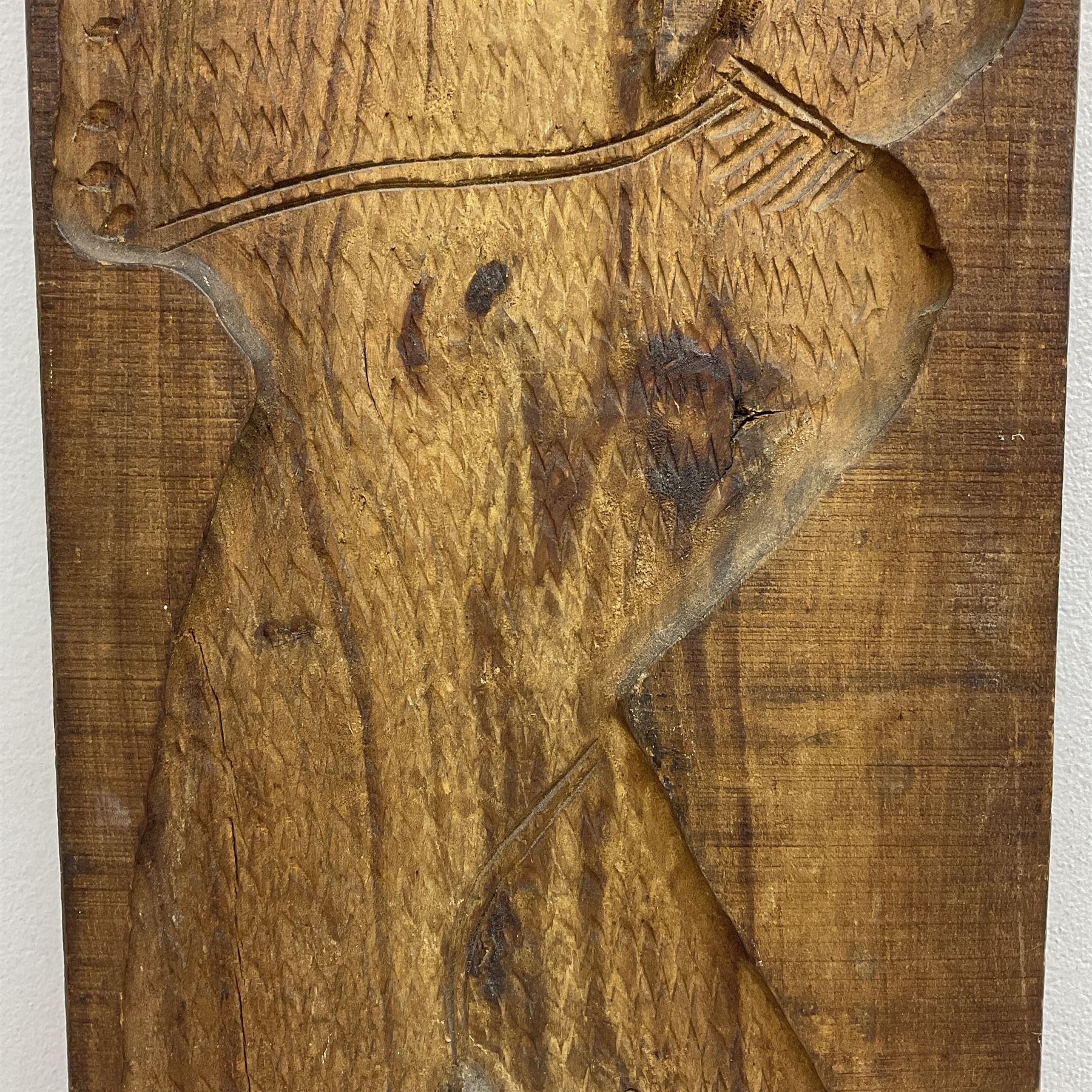 20th century hardwood Dutch folk art Speculaasplank or biscuit mould, typically carved with figure in traditional dress, H132cm