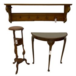 Hardwood 3-tier tripod plant stand; walnut half-round cabriole leg hall table; and pitch pine hanging coat rack (3)