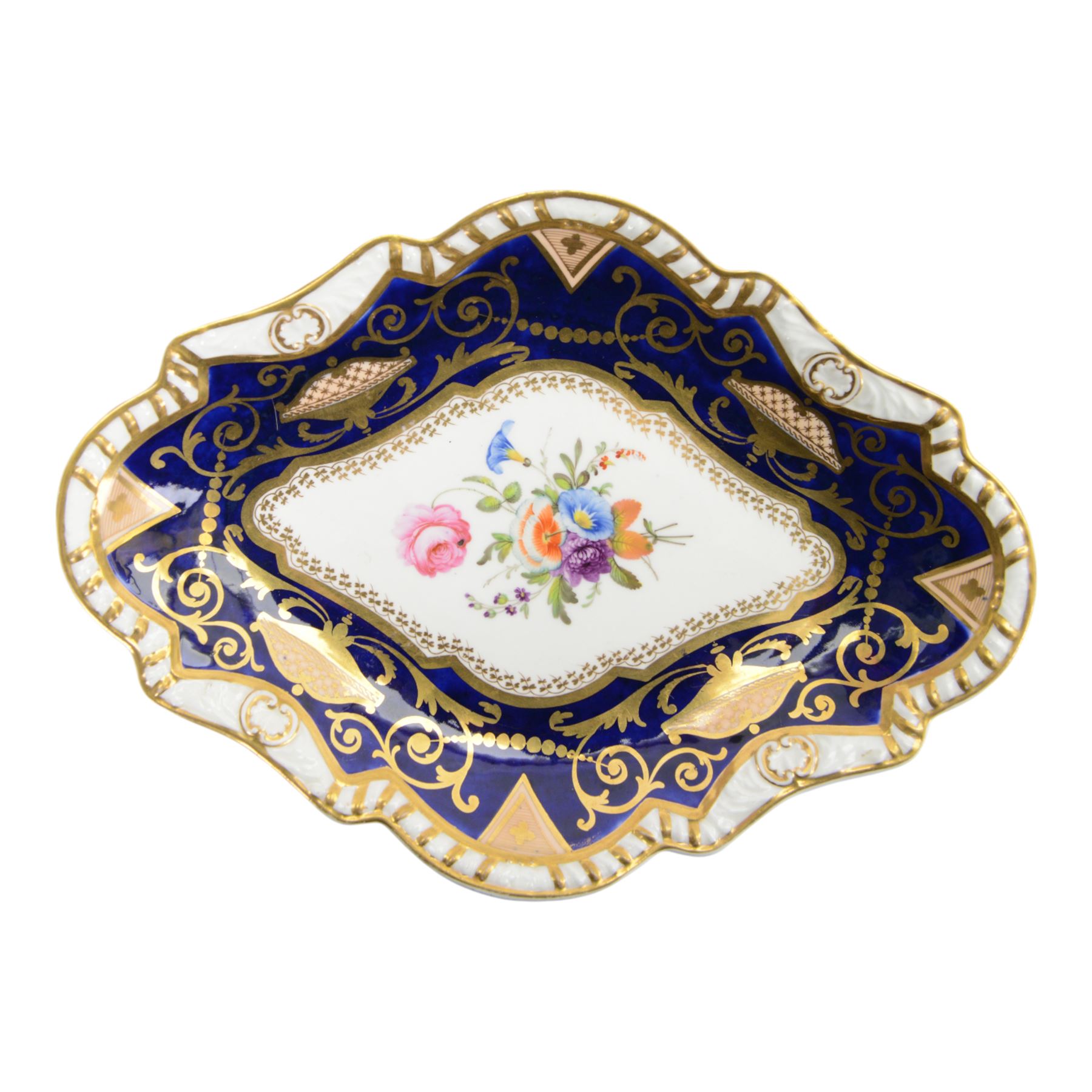 Collection of 19th century porcelain dessert wares, comprising Bloor Derby dish, circa 1825, Spode Felspar shaped oval dish, circa 1820, Ridgeway shaped oval footed dish with twin handles, circa 1840, Ridgeway dish, circa 1820, and tazza and dish, probably Minton, pattern 4810, each decorated in various patterns with floral sprays against dark blue grounds and heightened with gilt
